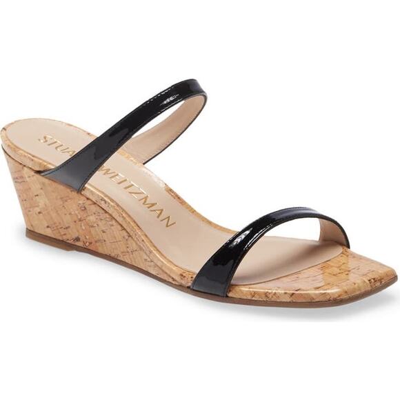 Stuart Weitzman Aleena Cork Wedge Black Leather Slide Sandals Size 7B - Picture 1 of 5